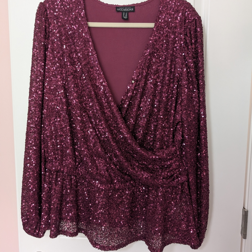 Susan Graver Burgundy Sequin Wrap-Style Blouse